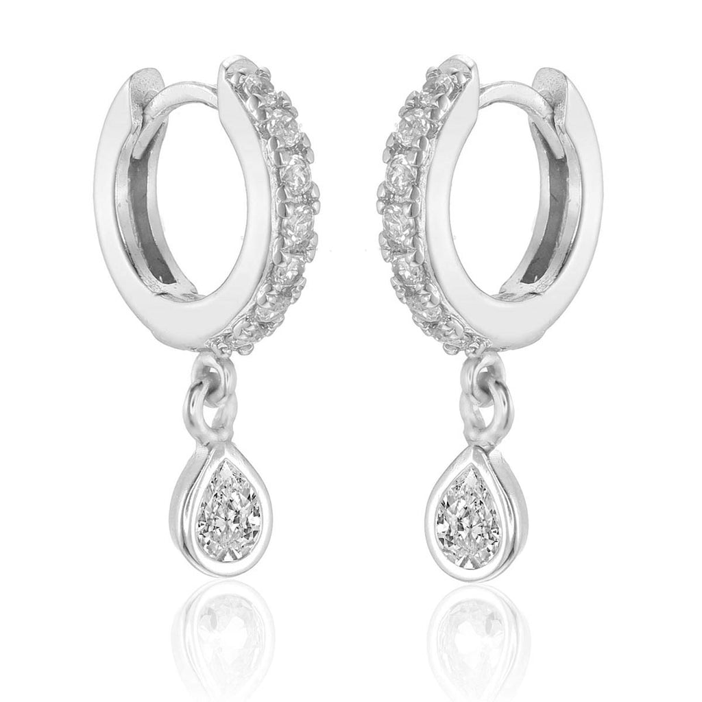 Pear Zirconia Drop Mini Hoop Earrings in Sterling Silver