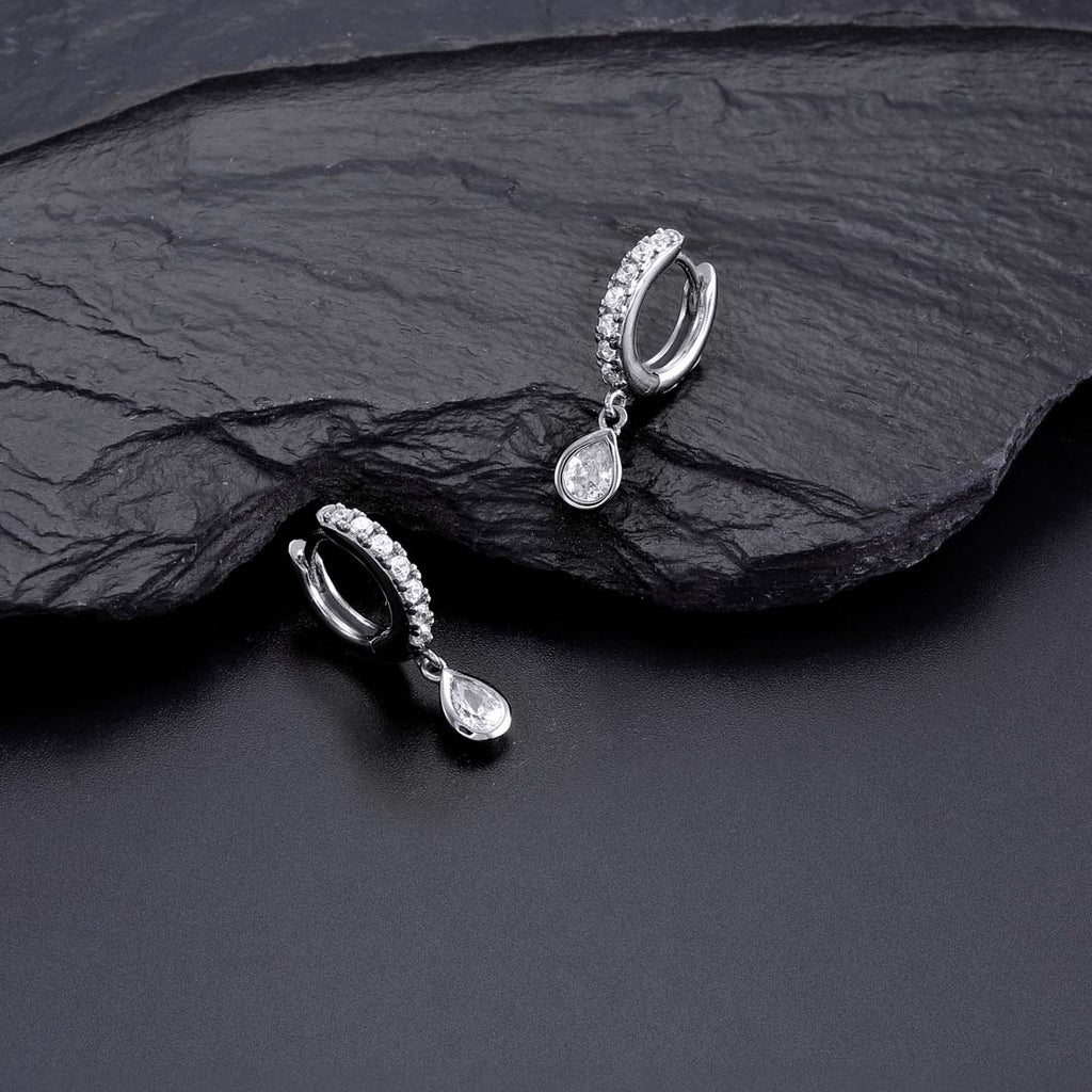 Pear Zirconia Drop Mini Hoop Earrings in Sterling Silver