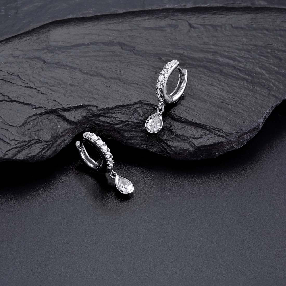 Pear Zirconia Drop Mini Hoop Earrings in Sterling Silver