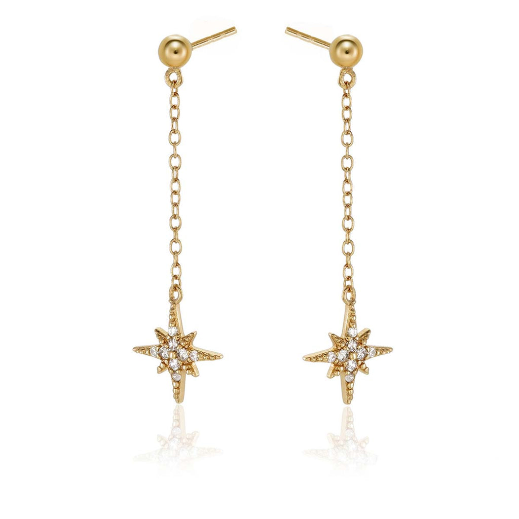 Gold Long Star Drop Earrings Cubic Zirconia in Sterling Silver side view

