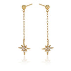 Gold Long Star Drop Earrings Cubic Zirconia in Sterling Silver side view
