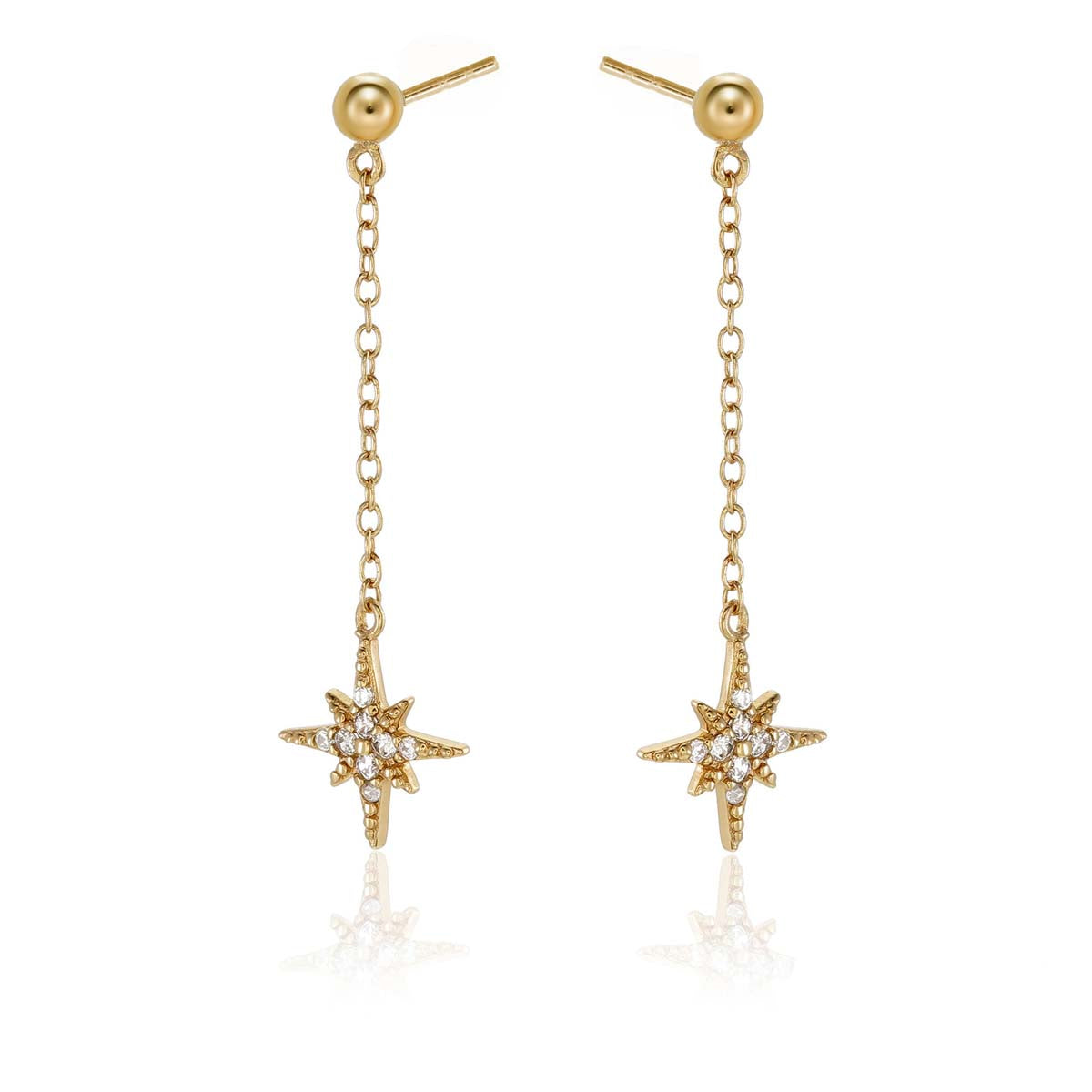 Gold Long Star Drop Earrings Cubic Zirconia in Sterling Silver side view
