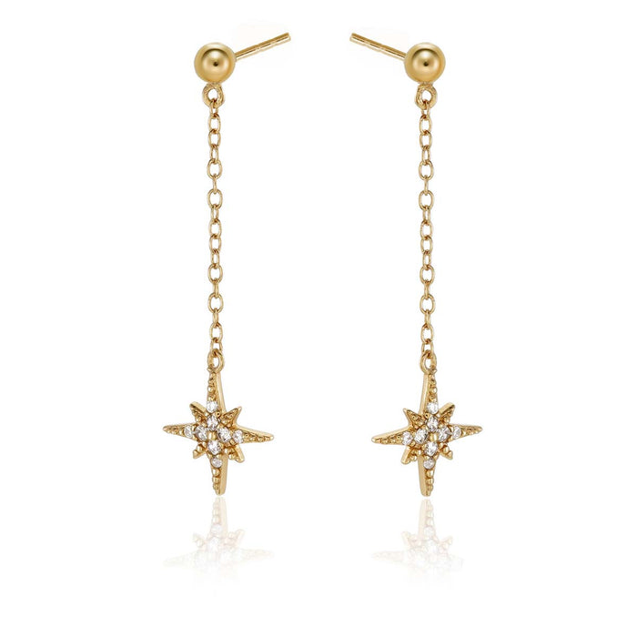 Gold Long Star Drop Earrings Cubic Zirconia in Sterling Silver
