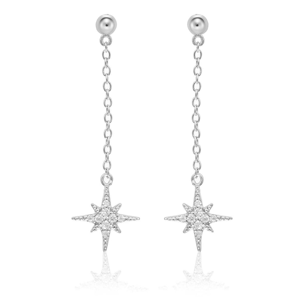 Long Star Drop Earrings Cubic Zirconia in Sterling Silver