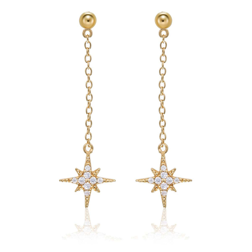 Gold Long Star Drop Earrings Cubic Zirconia in Sterling Silver