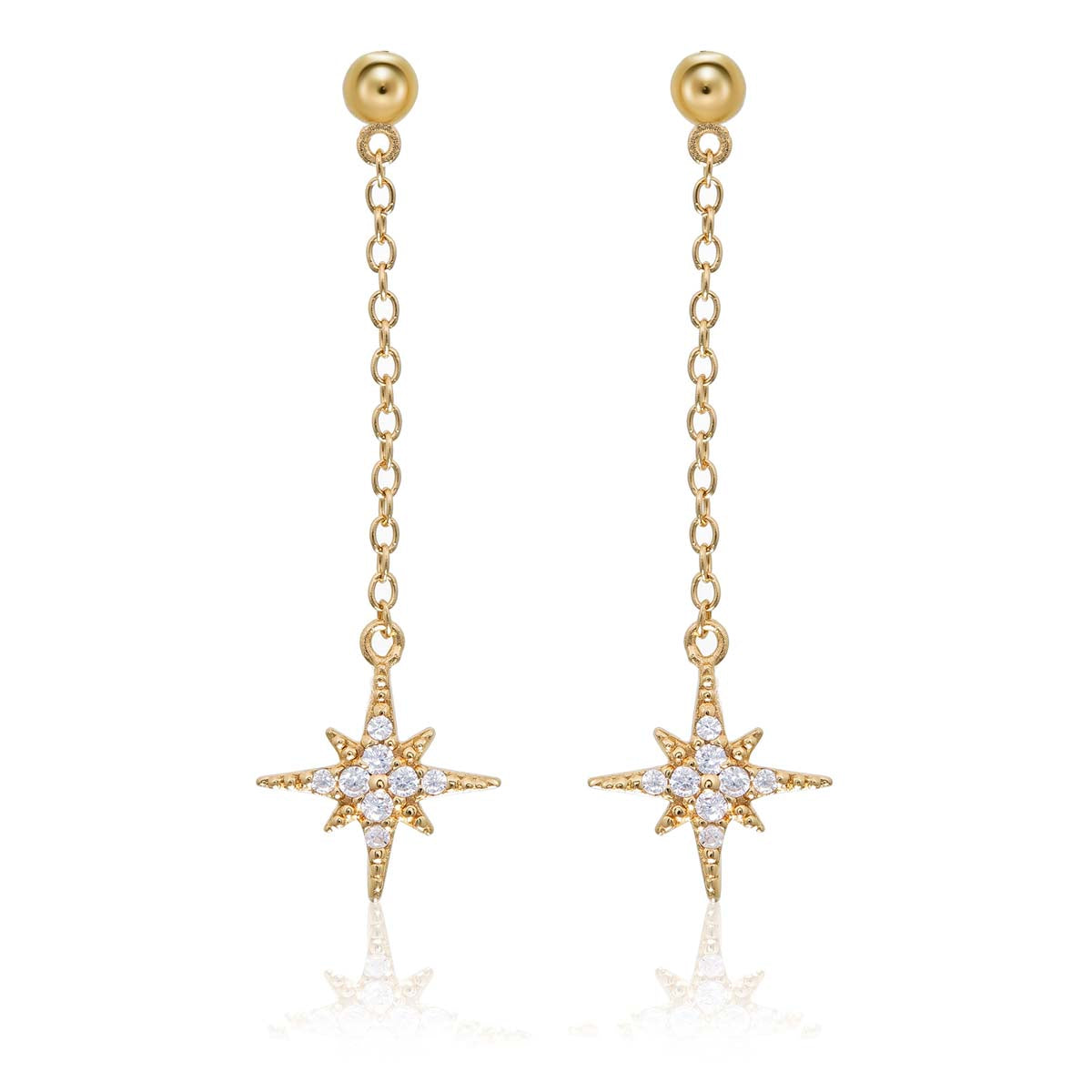 Gold Long Star Drop Earrings Cubic Zirconia in Sterling Silver