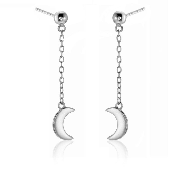Dangle Crescent Moon Earrings Cubic Zirconia in Sterling Silver
