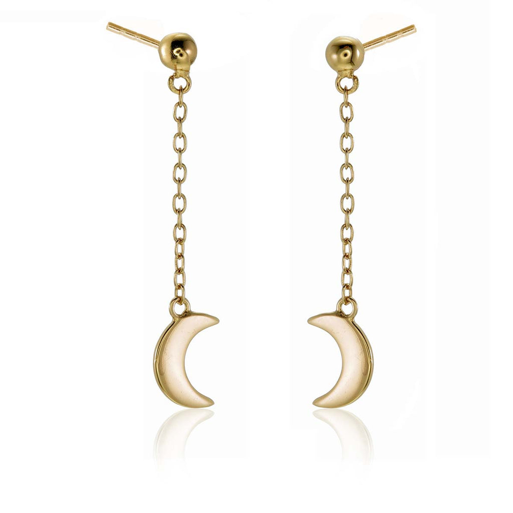 Gold Dangle Crescent Moon Earrings Cubic Zirconia in Sterling Silver side view