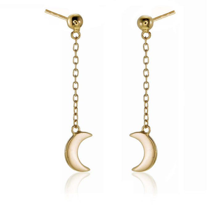 Gold Dangle Crescent Moon Earrings Cubic Zirconia in Sterling Silver