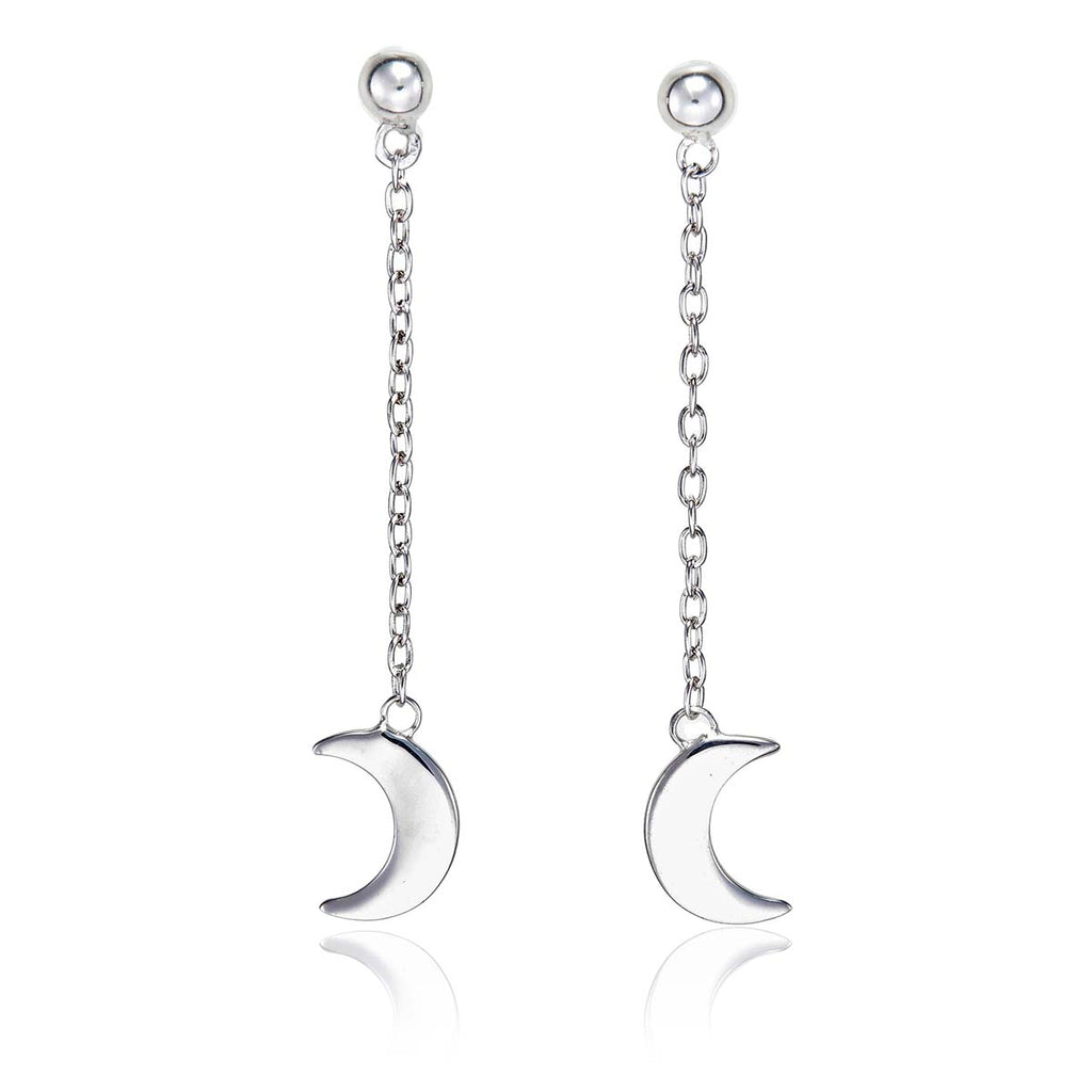 Dangle Crescent Moon Earrings Cubic Zirconia in Sterling Silver