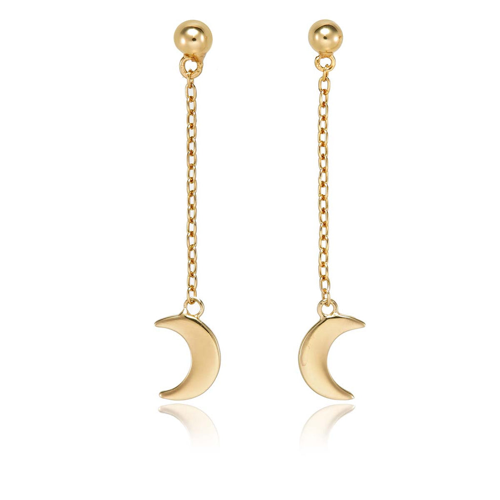 Gold Dangle Crescent Moon Earrings Cubic Zirconia in Sterling Silver