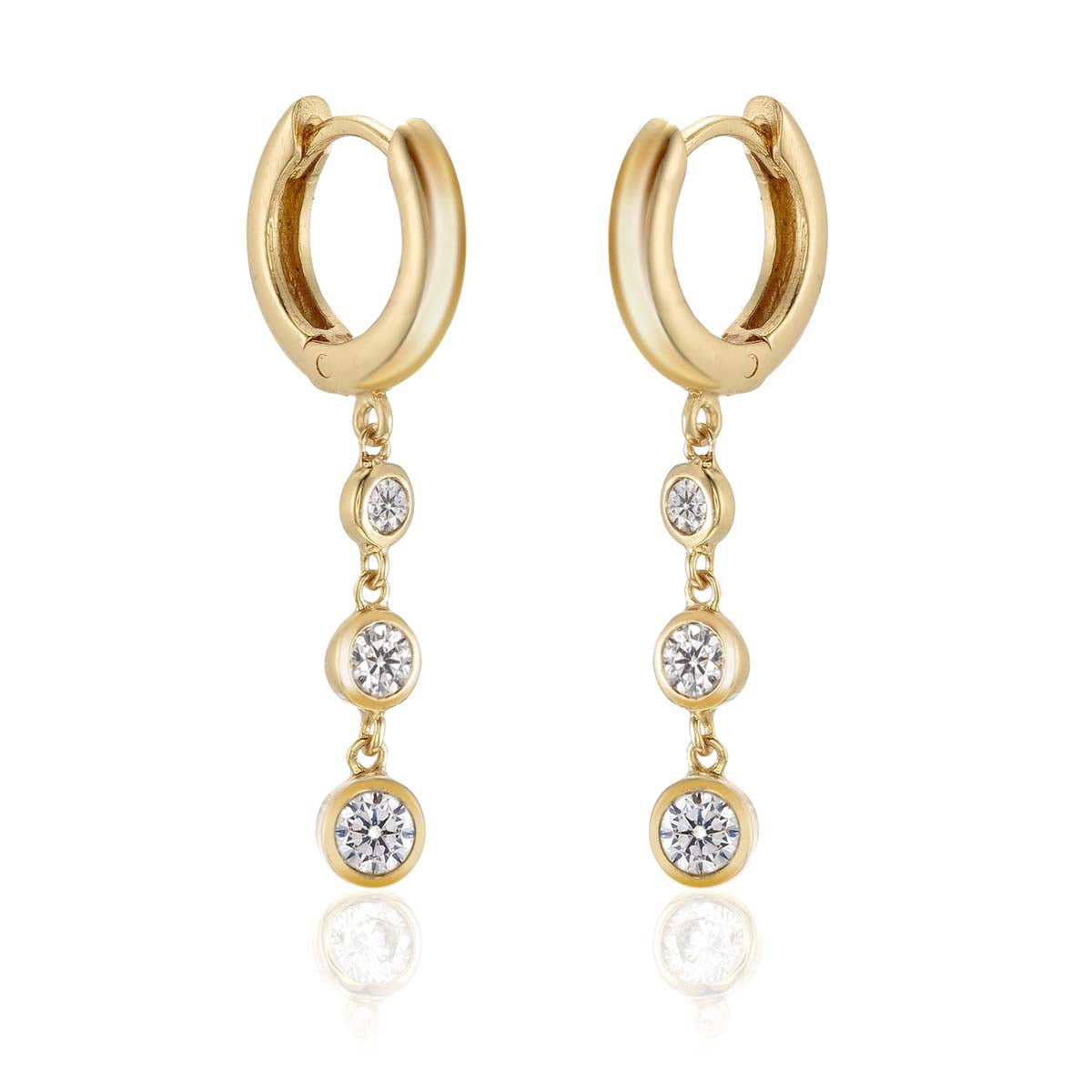 Gold Trilogy Hoop Earrings Cubic Zirconia in Sterling Silver side view