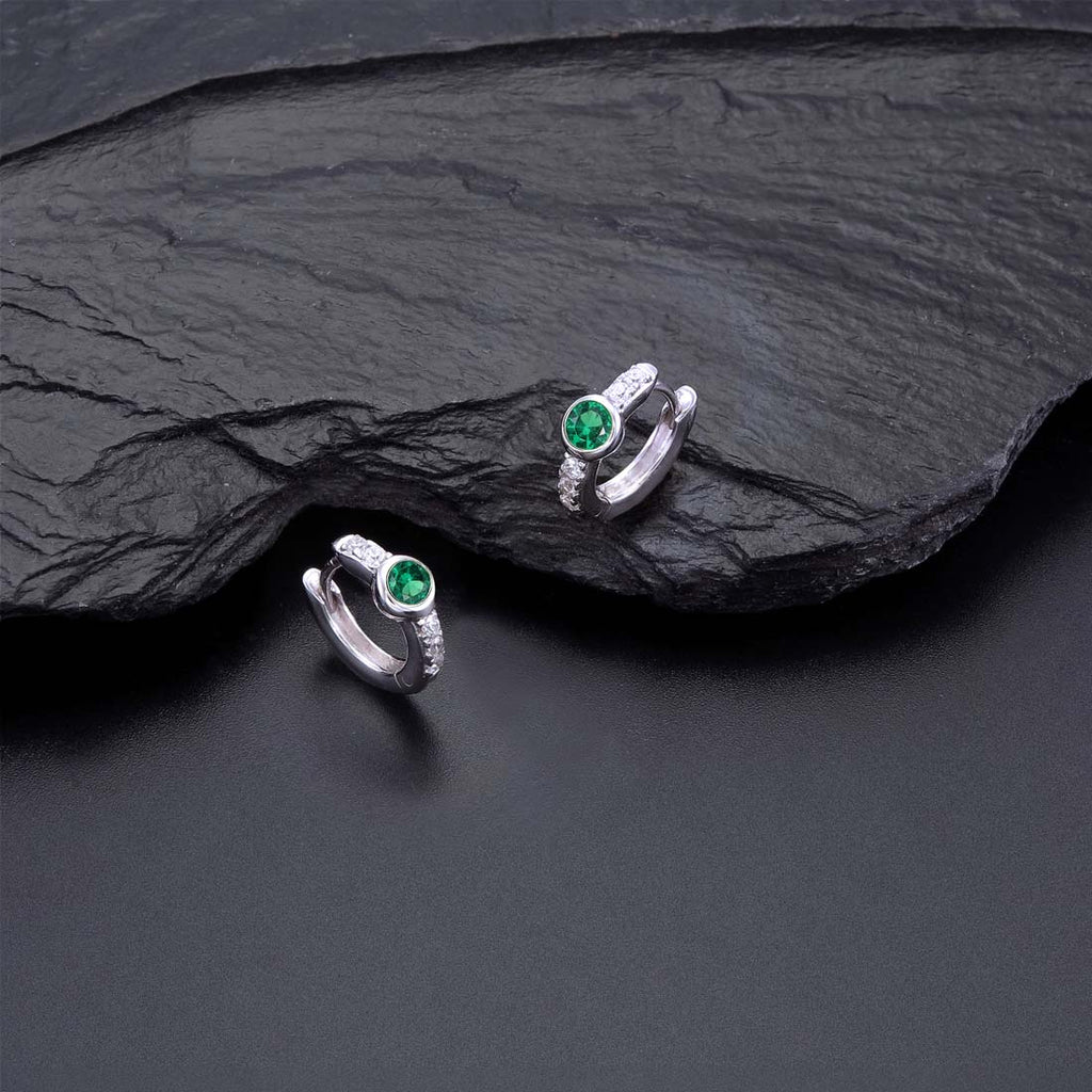 Bezel Green Zirconia Hoop Earrings Cubic Zirconia in Sterling Silver on rocks