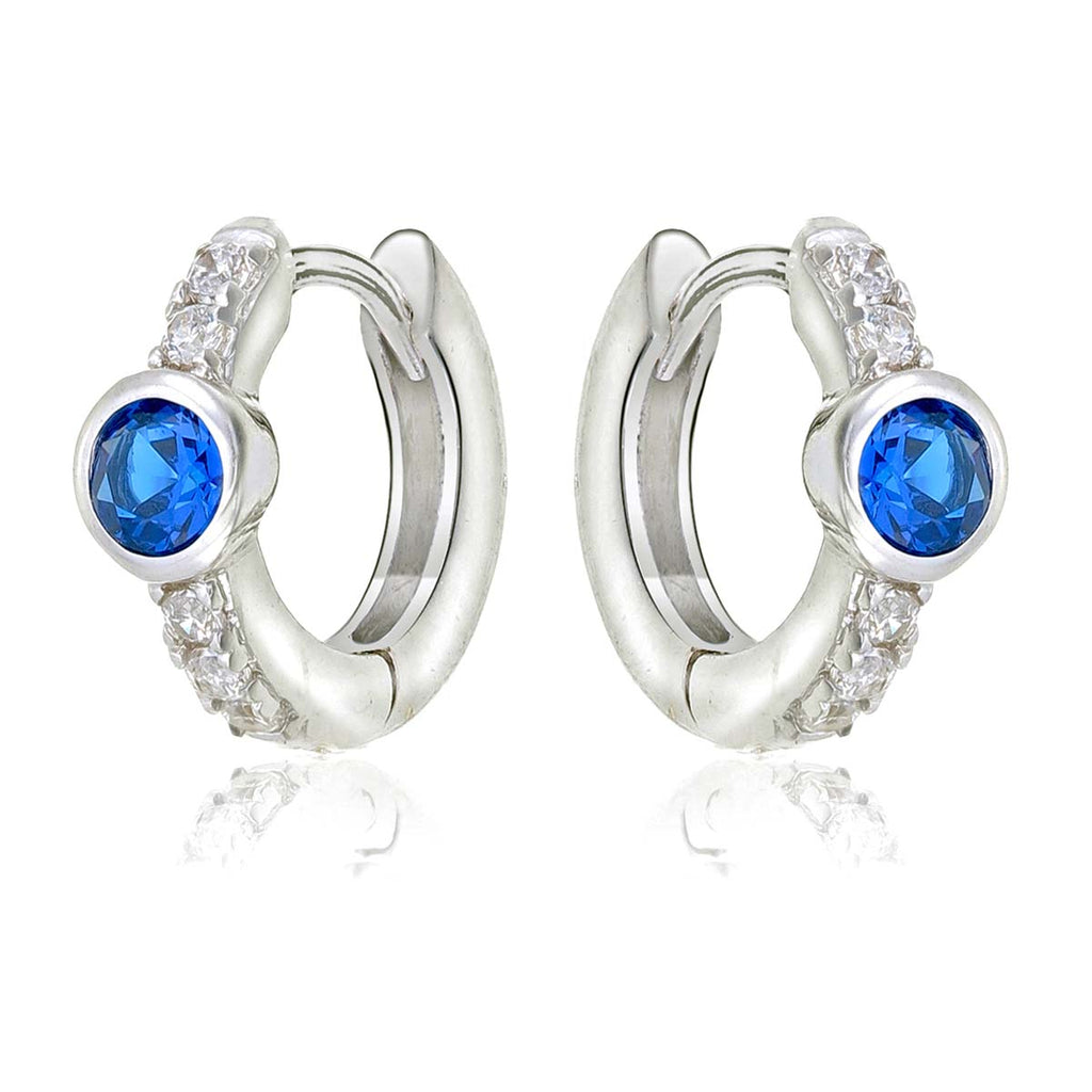 Bezel Blue Zirconia Hoop Earrings Cubic Zirconia in Sterling Silver side view