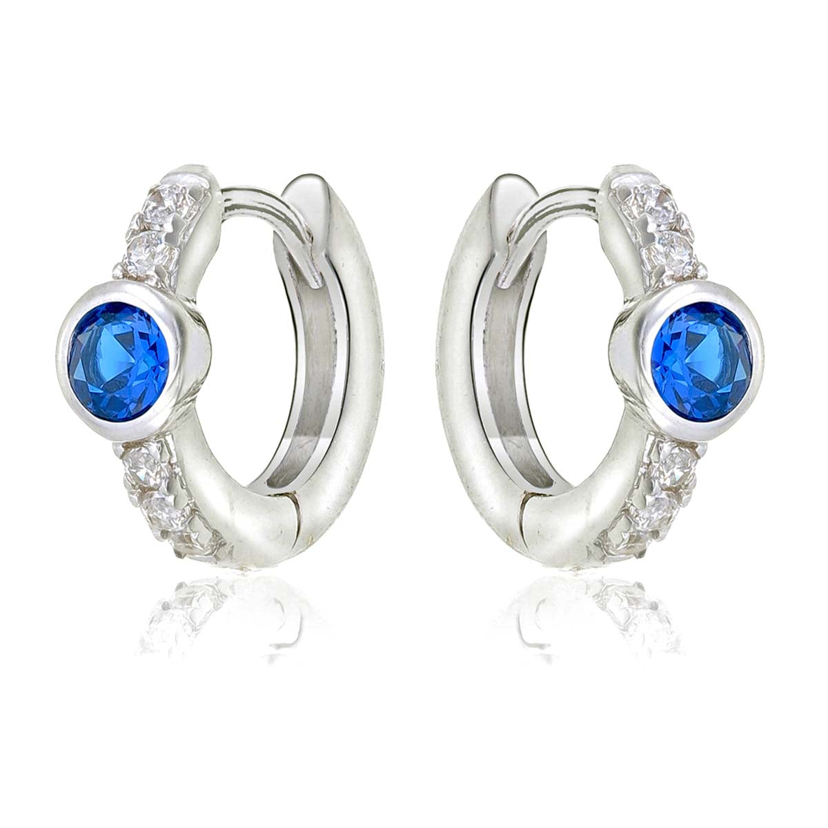 Bezel Blue Zirconia Hoop Earrings Cubic Zirconia in Sterling Silver side view