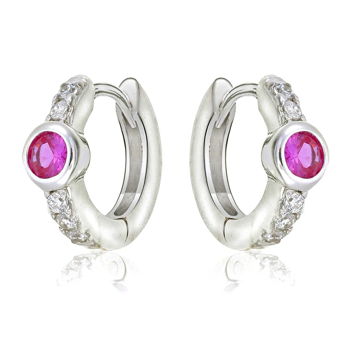 Bezel Red Zirconia Hoop Earrings Cubic Zirconia in Sterling Silver side view