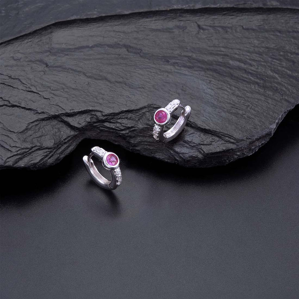 Bezel Red Zirconia Hoop Earrings Cubic Zirconia in Sterling Silver on rocks