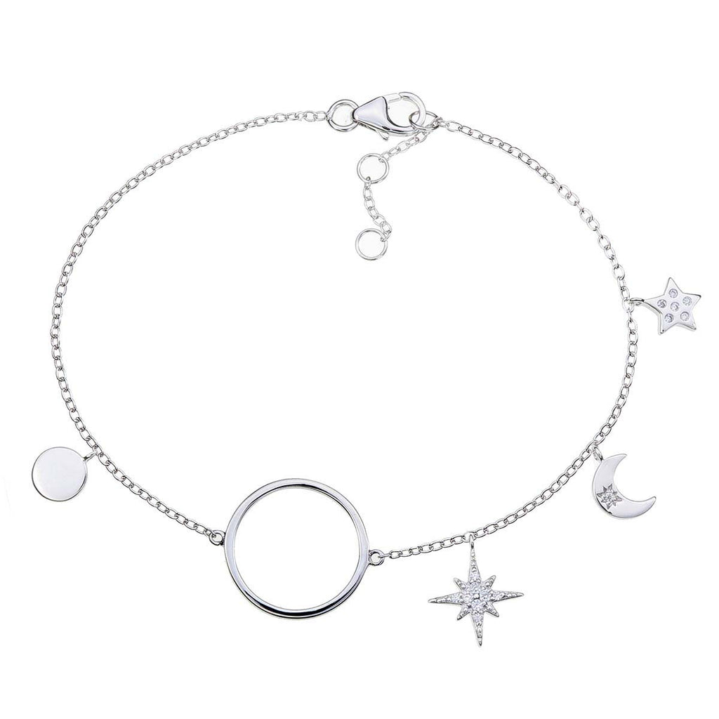 Sterling Silver Ladies Moon & Star Bracelet with Cubic Zirconia