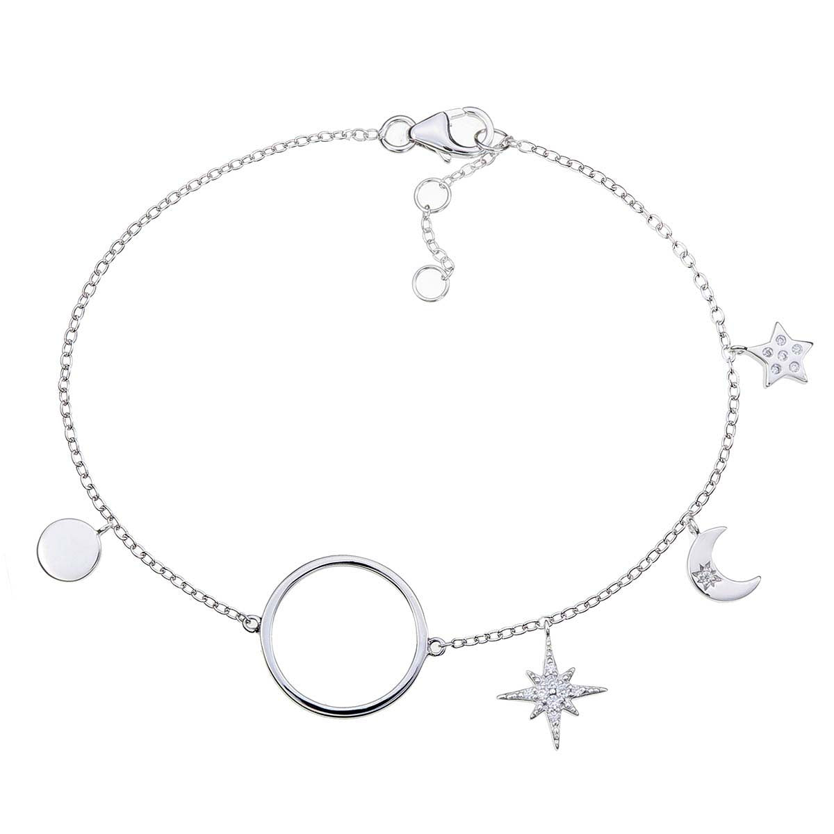 Sterling Silver Ladies Moon & Star Bracelet with Cubic Zirconia