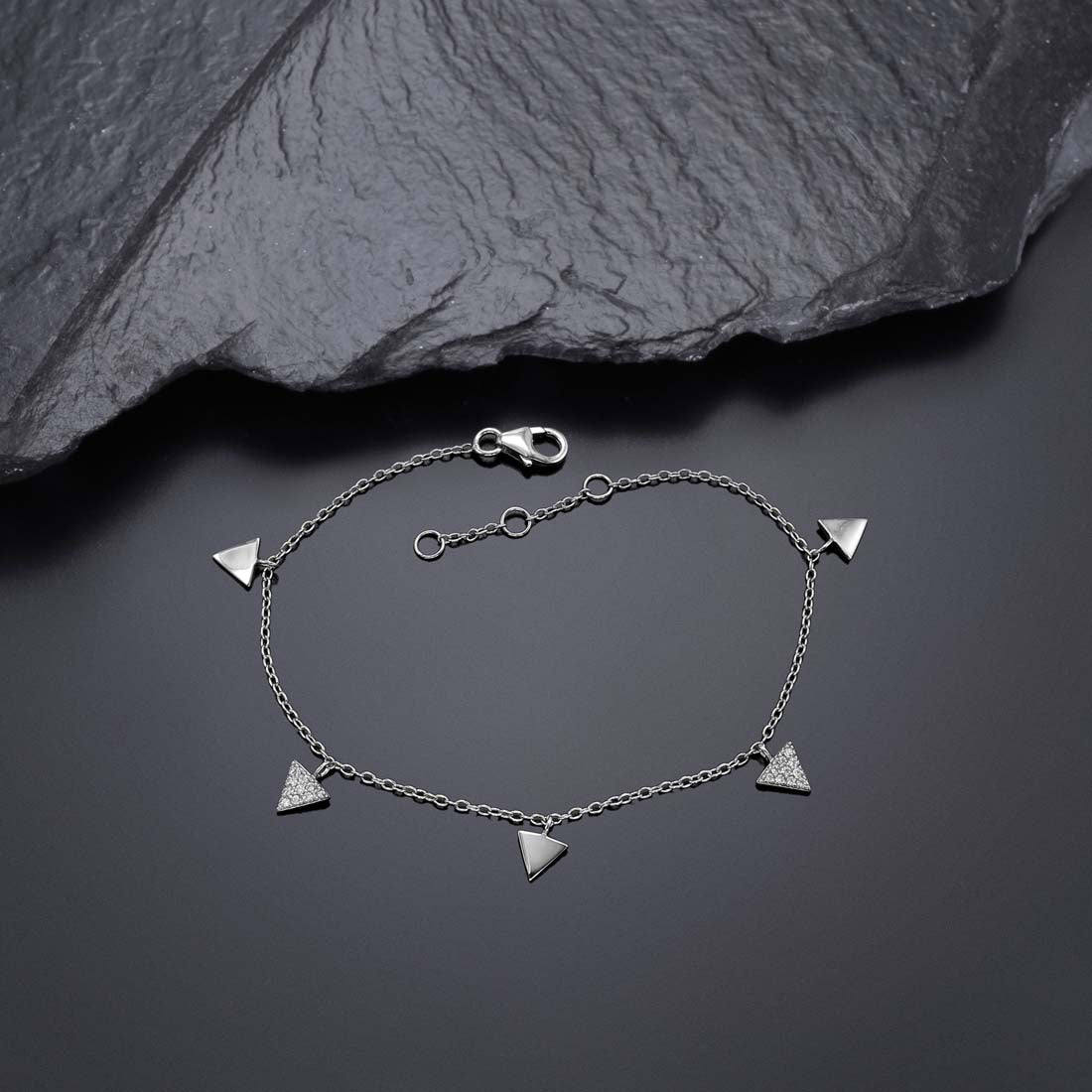 Triangle Charm Bracelet for Women Sterling Silver with Cubic Zirconia near black rock