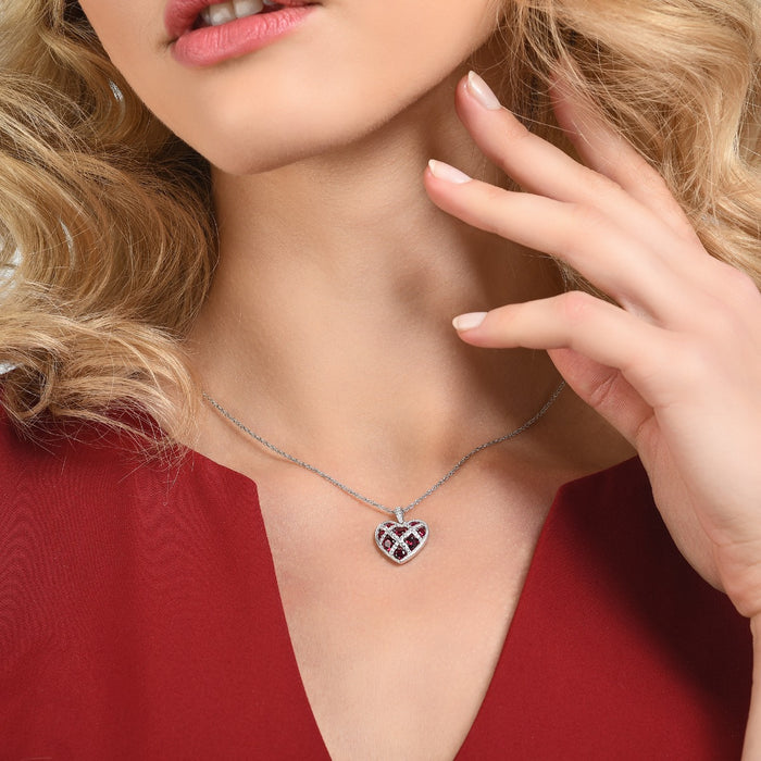 Sterling Silver Red Heart Lattice Pendant Necklace