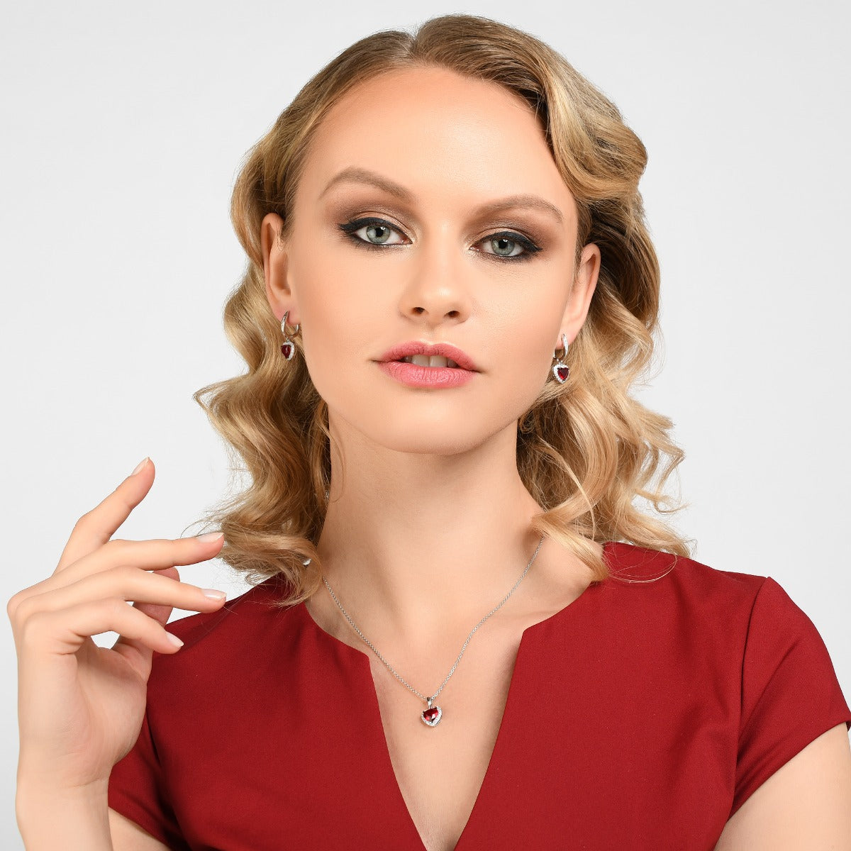 Sterling Silver Red Heart Drop Earrings