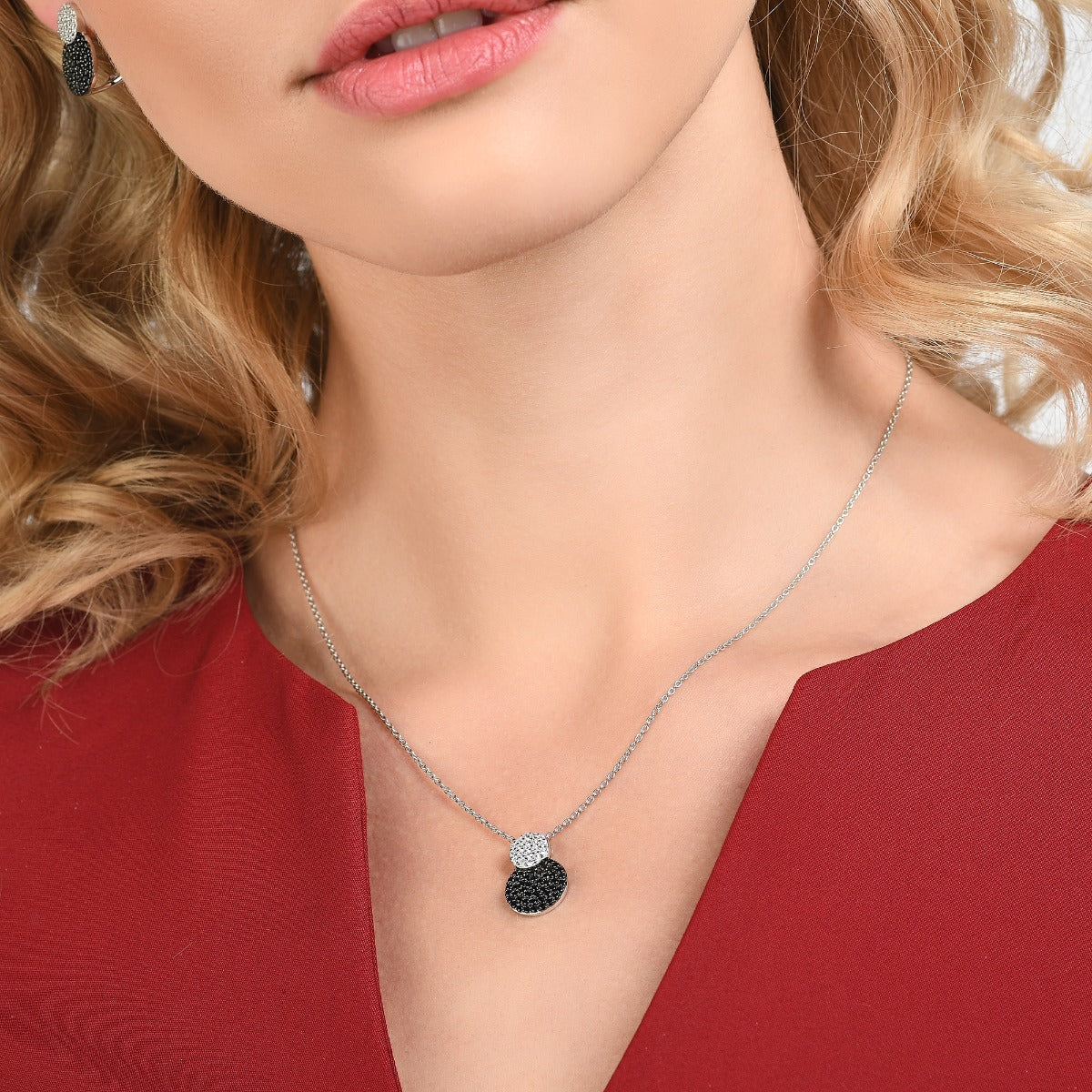 Sterling Silver Disc Pendant Necklace with Black And White Cubic Zirconia Stones