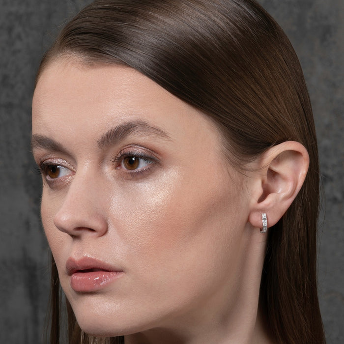 Sterling Silver Chequered Huggie Hoop Earrings with Cubic Zirconia Stones