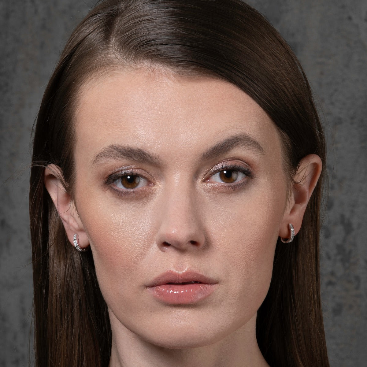 Sterling Silver Chequered Huggie Hoop Earrings with Cubic Zirconia Stones