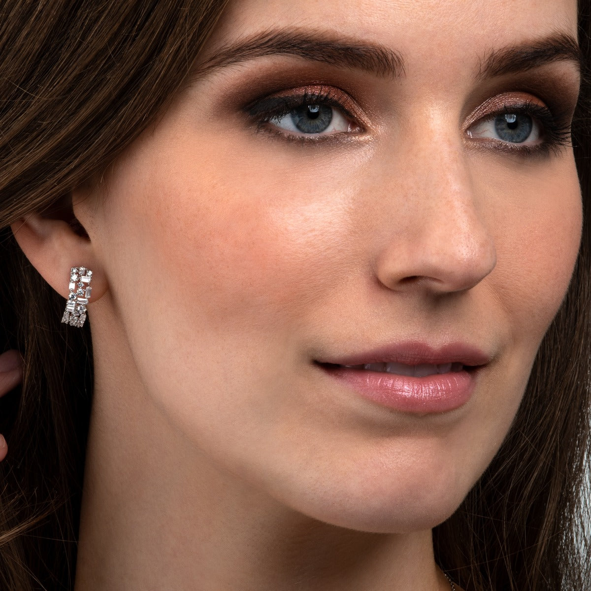 Sterling Silver Hoop Earrings with Round and Baguette Cubic Zirconia Stones
