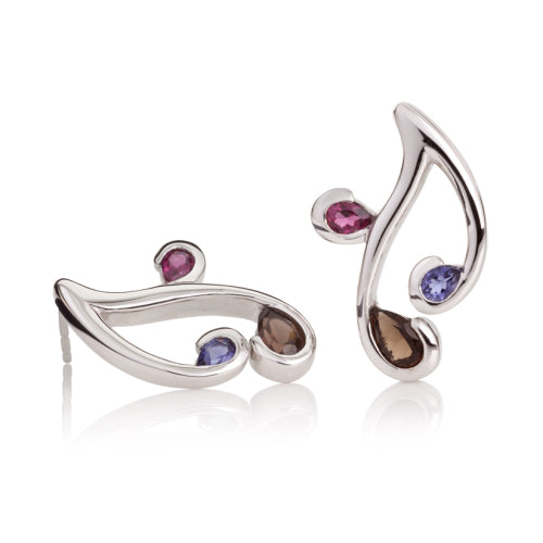Smoky Quartz, Iolite and Rhodolite Earrings in Sterling Silver