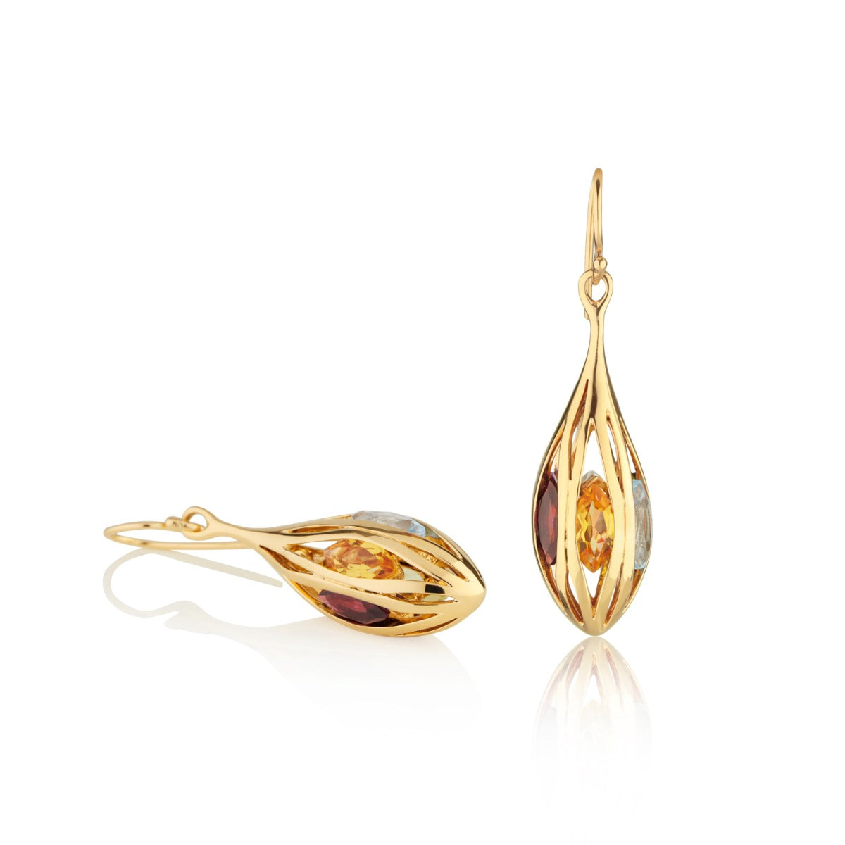 Gold Plated Sterling Silver Long Teardrop Earrings with Multicoloured Gemstones