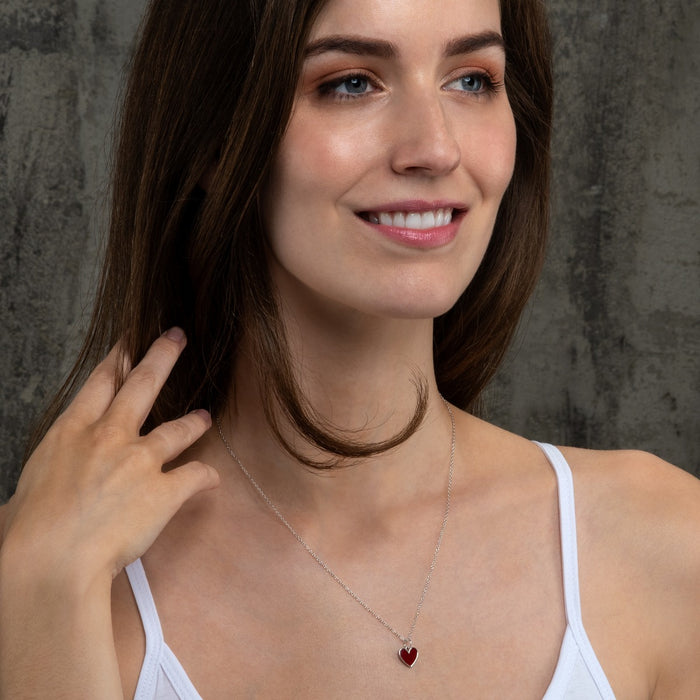 Red Enamel Heart Pendant Necklace in 925 Sterling Silver