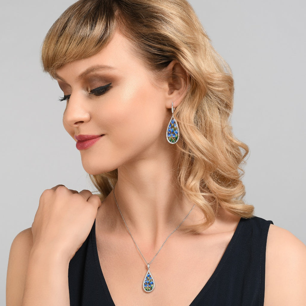 Sterling Silver Blue Enamel Flower Pendant Necklace