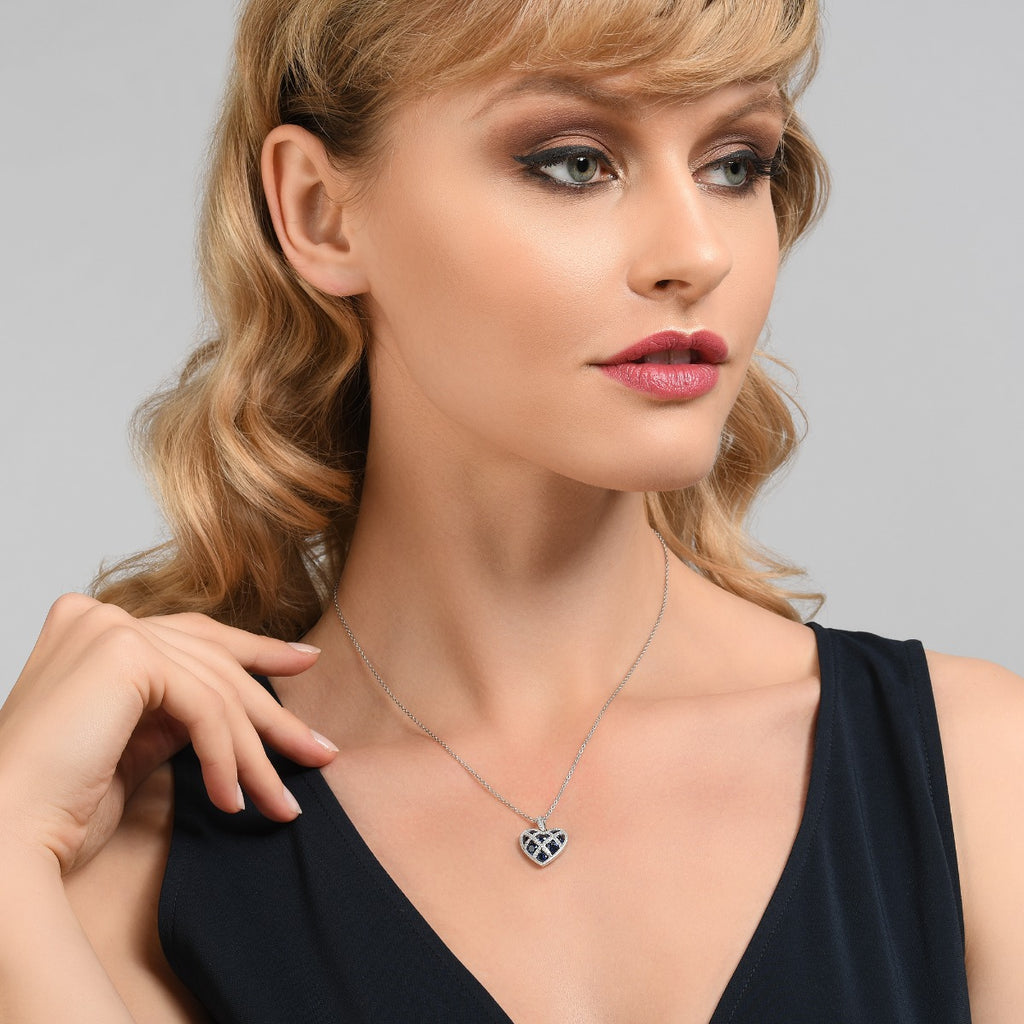 Sterling Silver Blue Heart Lattice Pendant Necklace