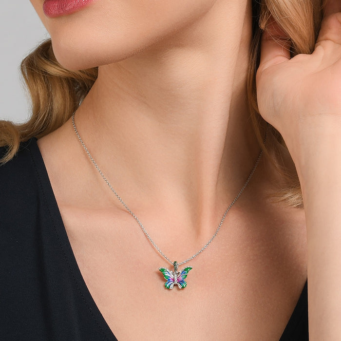 Sterling Silver Enamel Butterfly Pendant Necklace