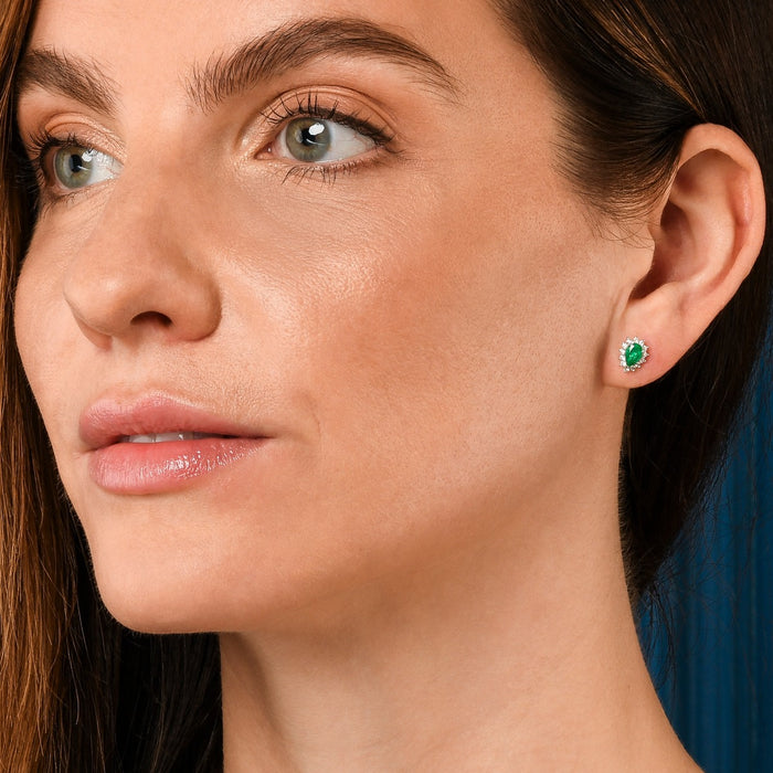 Pear Emerald Stud Earrings 0.25ct Diamond Halo 18K White Gold
