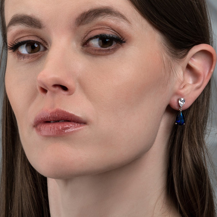 Sterling Silver Pear Shaped Dark Blue Drop Earrings