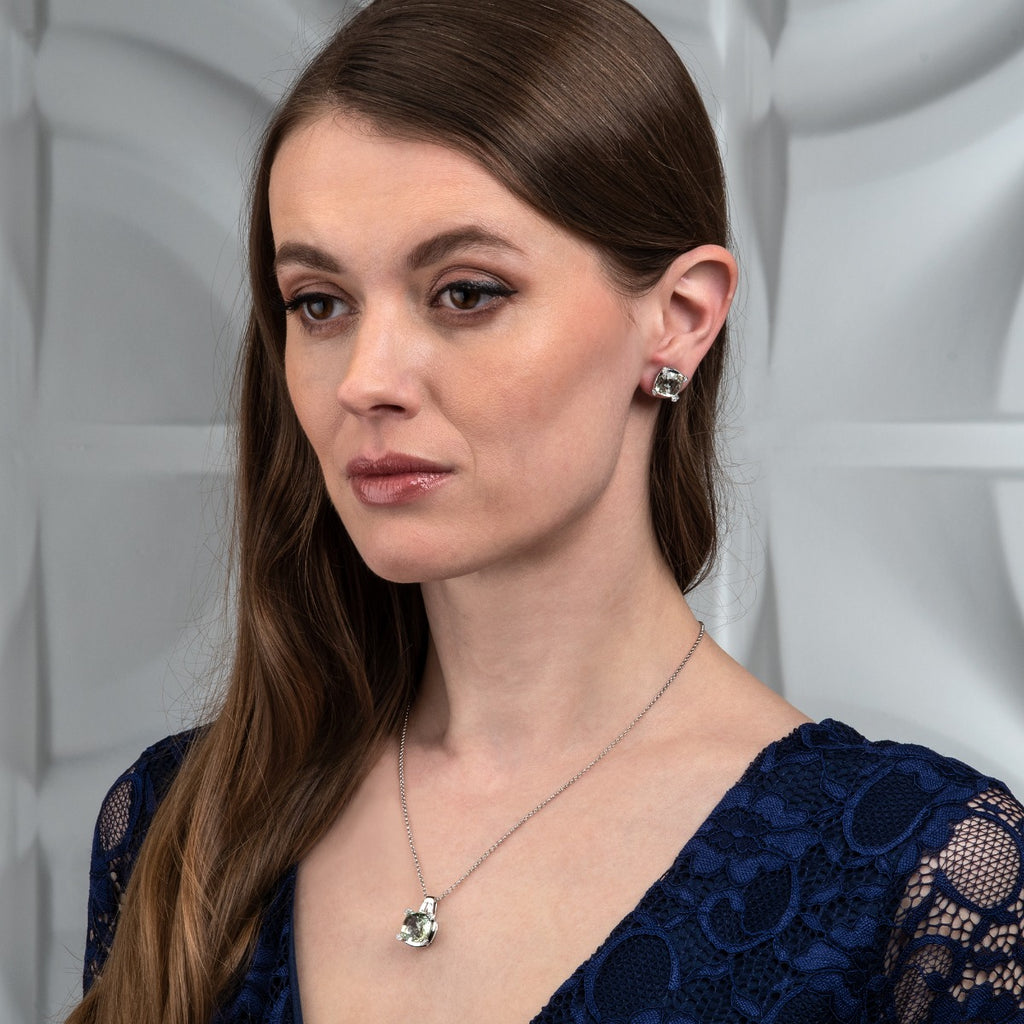 Large Green Amethyst Stud Earrings in 18K White Gold