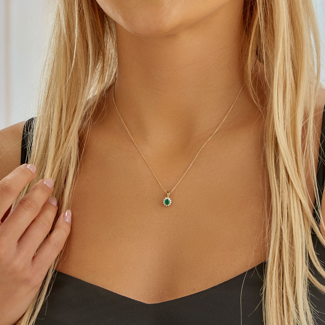 Emerald Pendant Necklace with 0.12ct Diamonds 9K Yellow Gold