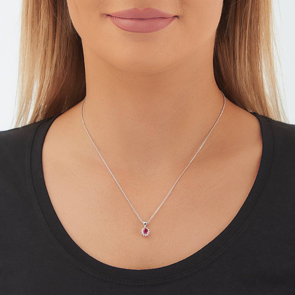 Ruby Pendant Necklace with 0.12ct Diamonds 9K White Gold