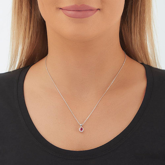 Ruby Pendant Necklace with 0.12ct Diamonds 9K White Gold