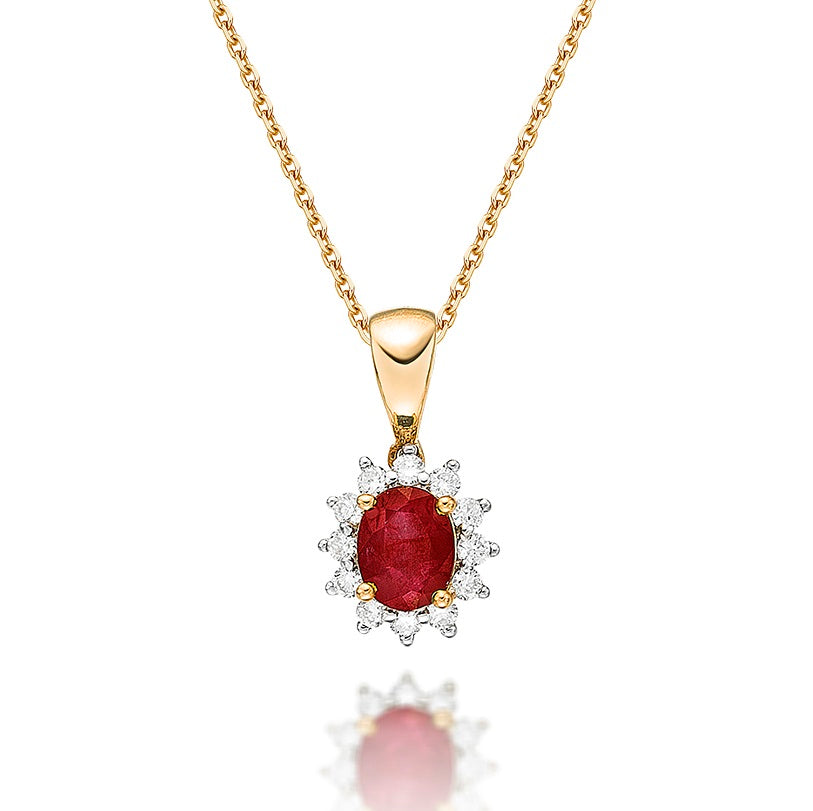 Ruby Pendant Necklace with 0.12ct Diamonds 9K Yellow Gold