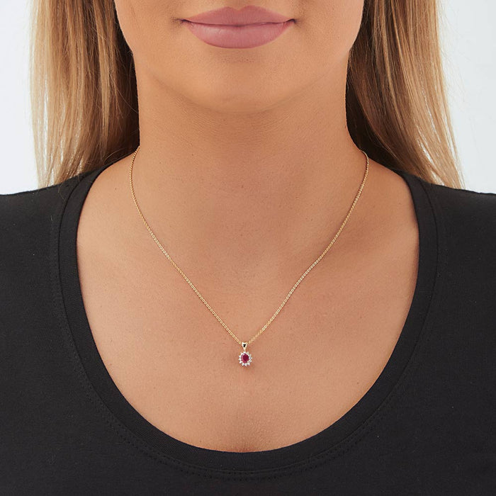Ruby Pendant Necklace with 0.12ct Diamonds 9K Yellow Gold