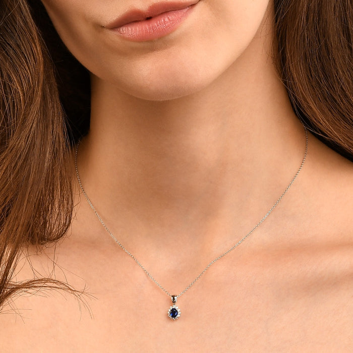 Sapphire Pendant Necklace with 0.12ct Diamonds 9K White Gold
