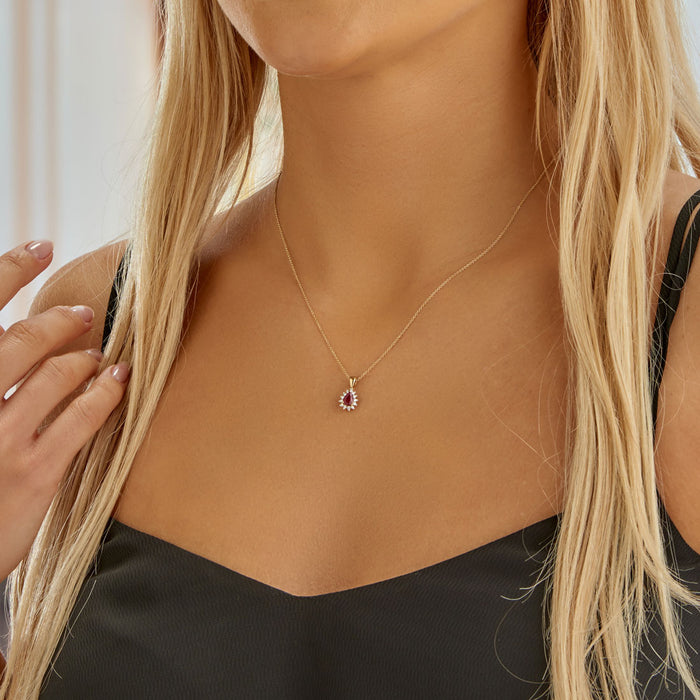 Ruby Pendant Necklace with 0.13ct Diamonds 9K Yellow Gold