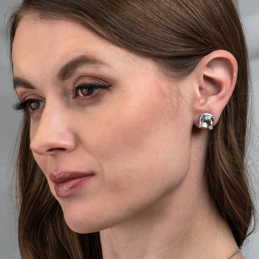 Large Green Amethyst Stud Earrings in 18K White Gold