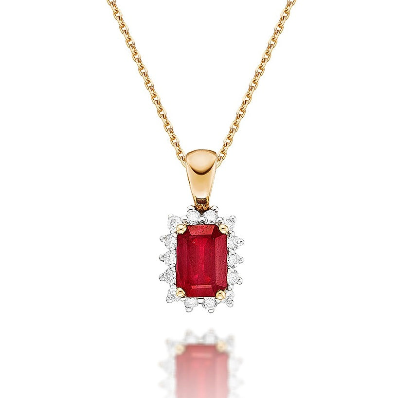 Ruby Pendant Necklace with 0.14ct Diamonds 9K Yellow Gold