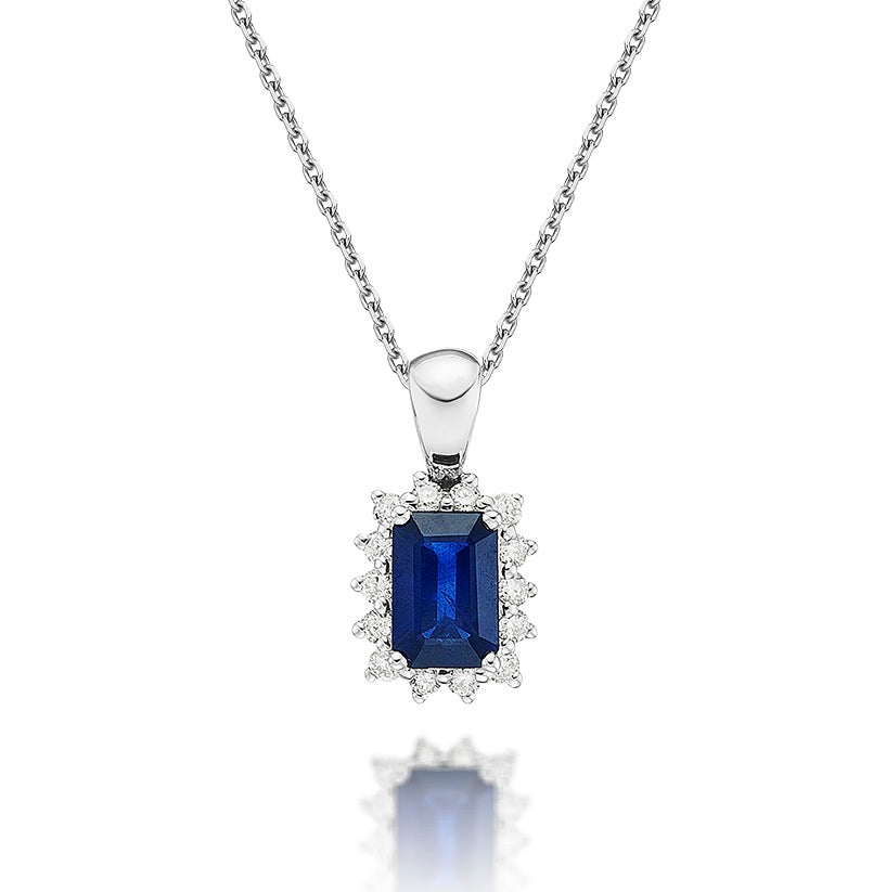 Sapphire Pendant Necklace with 0.14ct Diamonds 9K White Gold