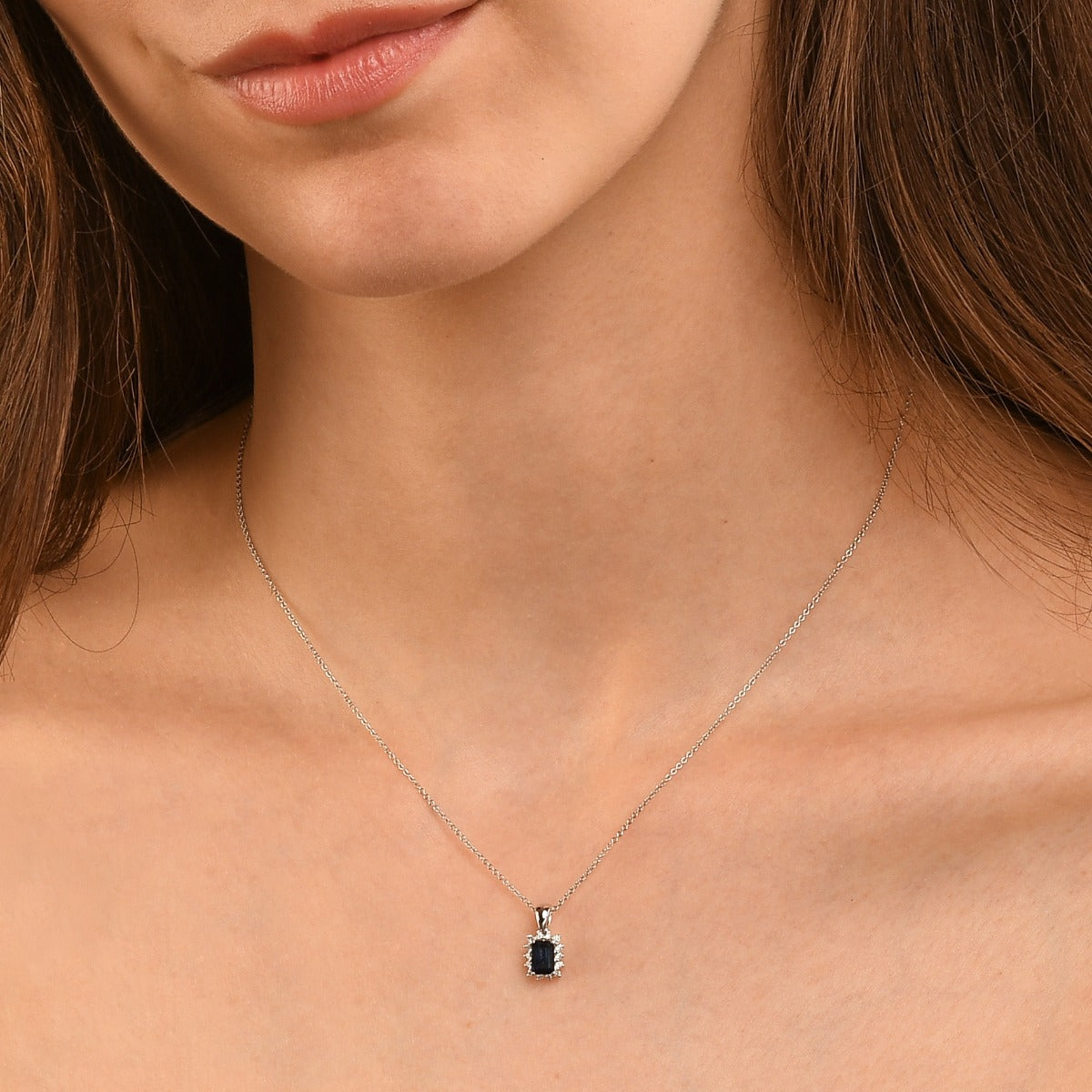 Sapphire Pendant Necklace with 0.14ct Diamonds 9K White Gold
